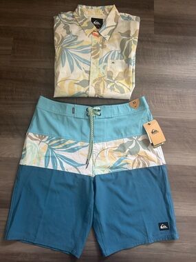 Quiksilver SurfSilk Board Shorts & Button up Shirt- Aqua & Teal Floral Panel